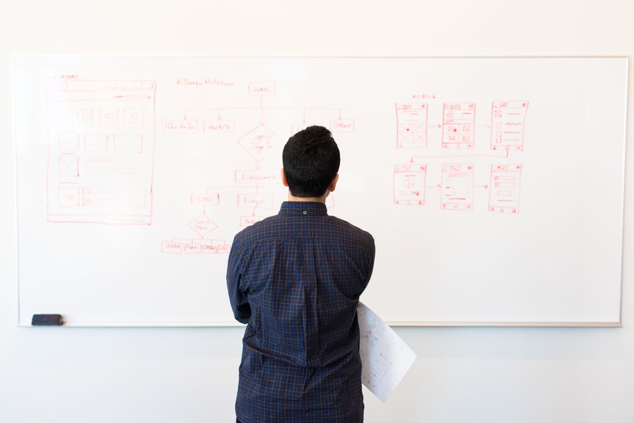 Man analyzing design flowchart on whiteboard in a professional office setting.